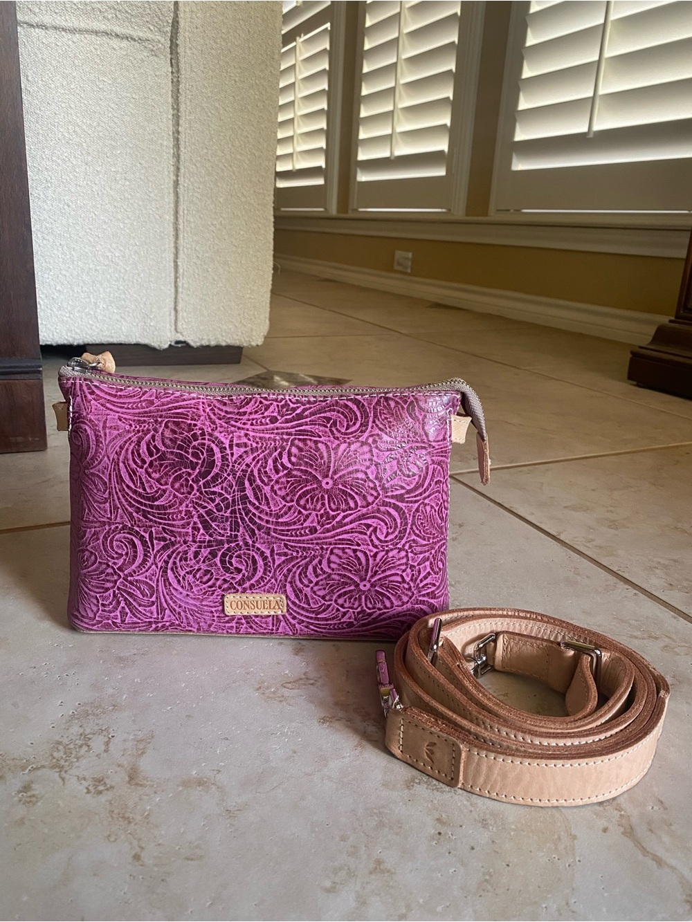Consuela Mena Fuchsia Tooled Leather Midtown Crossbody Bag with Leather Trim - Picture 2 of 9